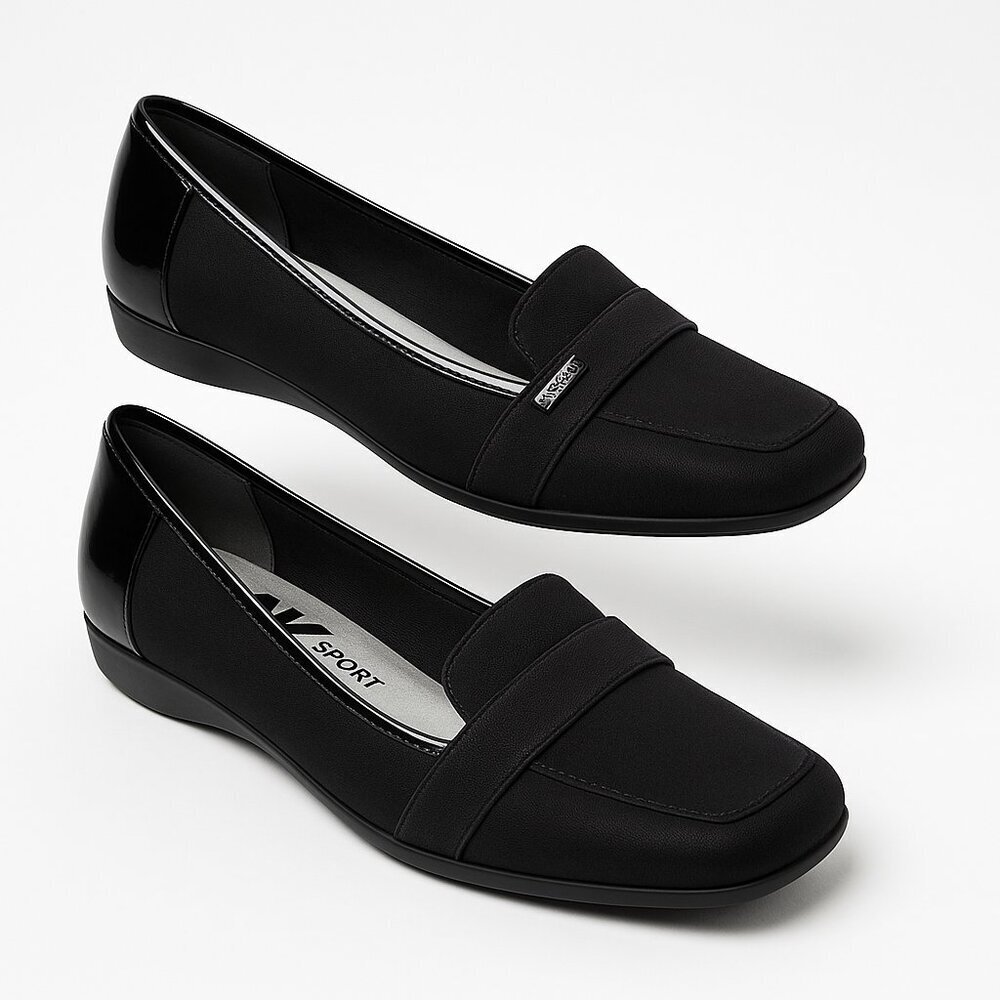 AK Sport “Upto” Square-Toe Flats 8 M – Sleek Black Faux-Leather & Stretch Band